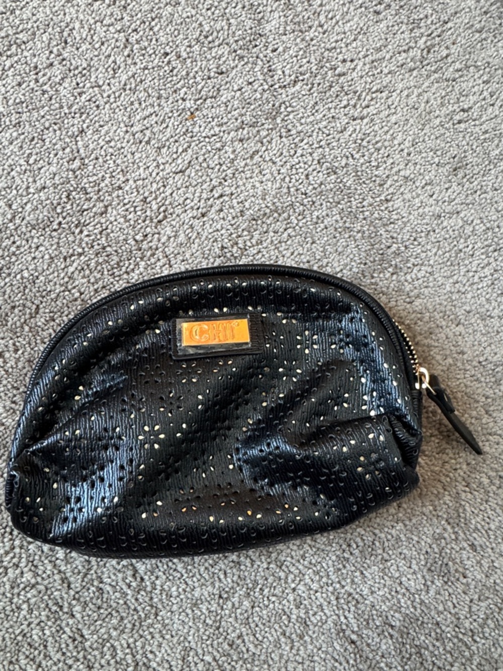 CHI Black Embossed Cosmetic Makeup Hair Accessory Zipper Pouch Travel Case OS